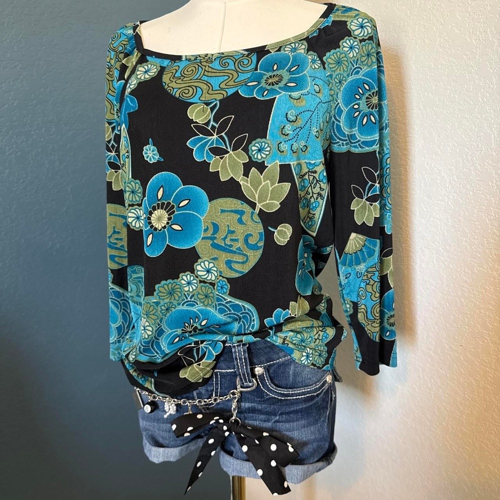 True Y2K No Boundaries Stretchy 3/4 Sleeve Boho Retro Floral Print Top Size XL